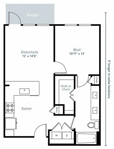 Floor plan for 1 bed, 1 bath, 821 sqft